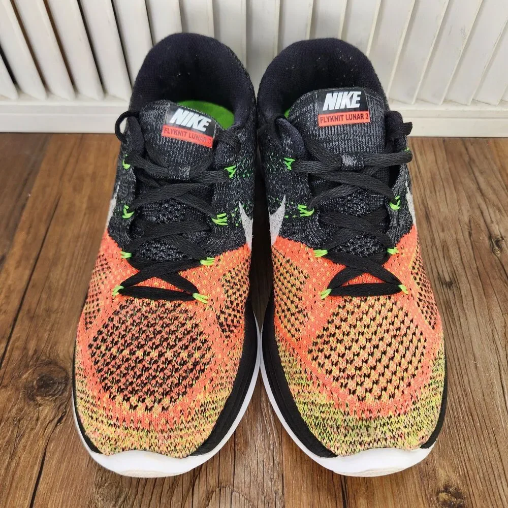 Nike Flyknit Lunar 3 Running Shoes Womens Sz 8 Black Hot Lava Sneaker 698182-007